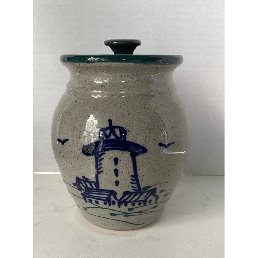 Great Bay Pottery Lighthouse Stoneware Jam Jar with Notched Lid Rye NH Gray Blue